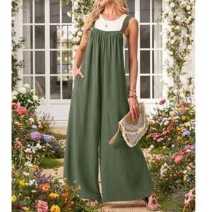 Women's Green Casual Jumpsuits Boho Wide Leg Rompers Sleeveless Flowy wide-leg